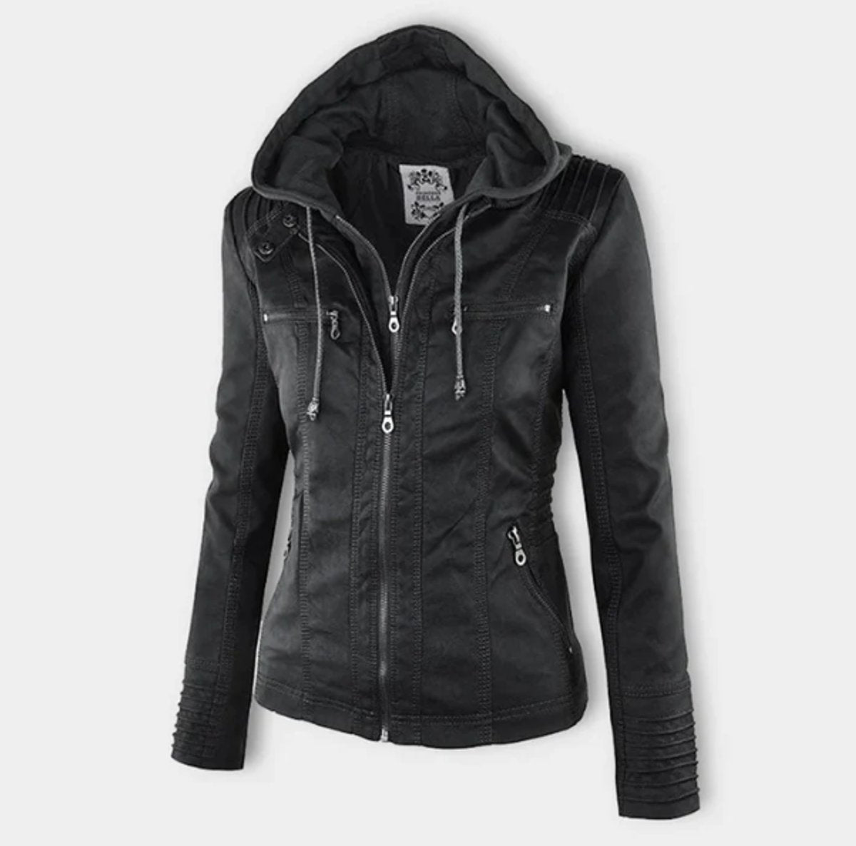 Women's Faux Leather Hooded Moto Jacket Full-Zip - Black