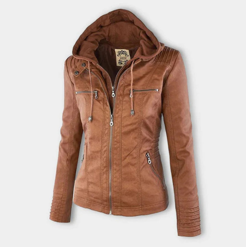 Women's Faux Leather Hooded Moto Jacket Full-Zip - Beige