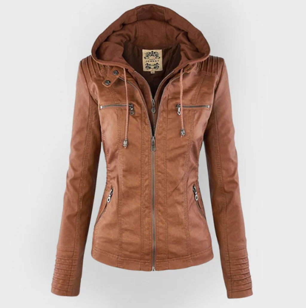 Women's Faux Leather Hooded Moto Jacket Full-Zip