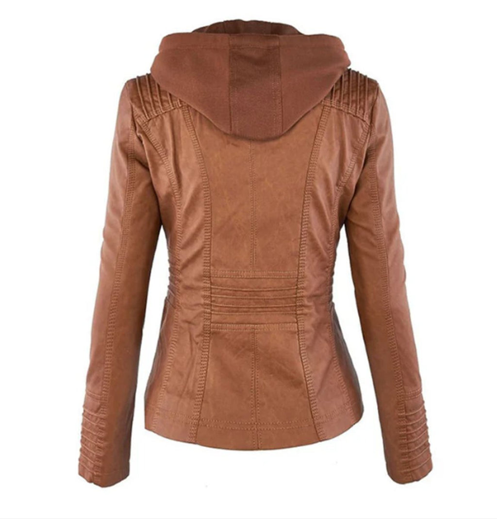 Women's Faux Leather Hooded Moto Jacket Full-Zip