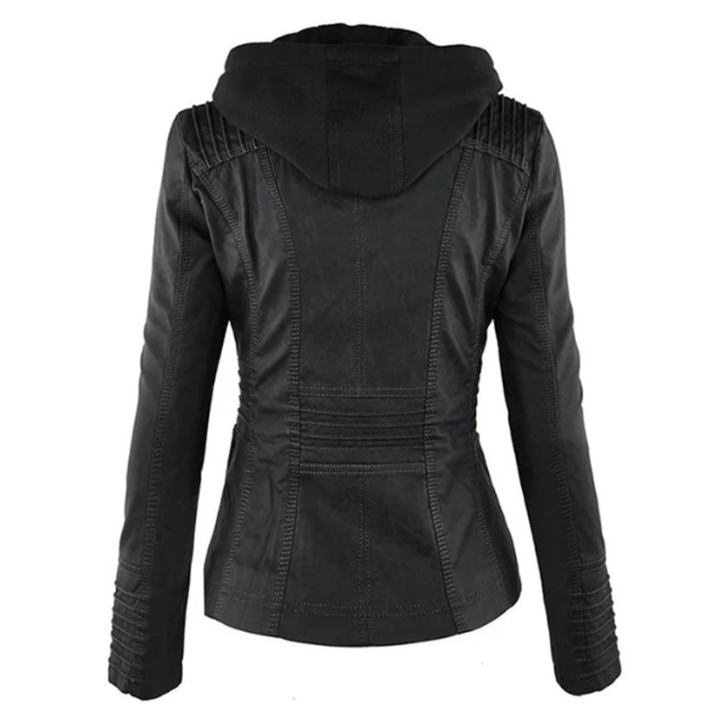 Women's Faux Leather Hooded Moto Jacket Full-Zip