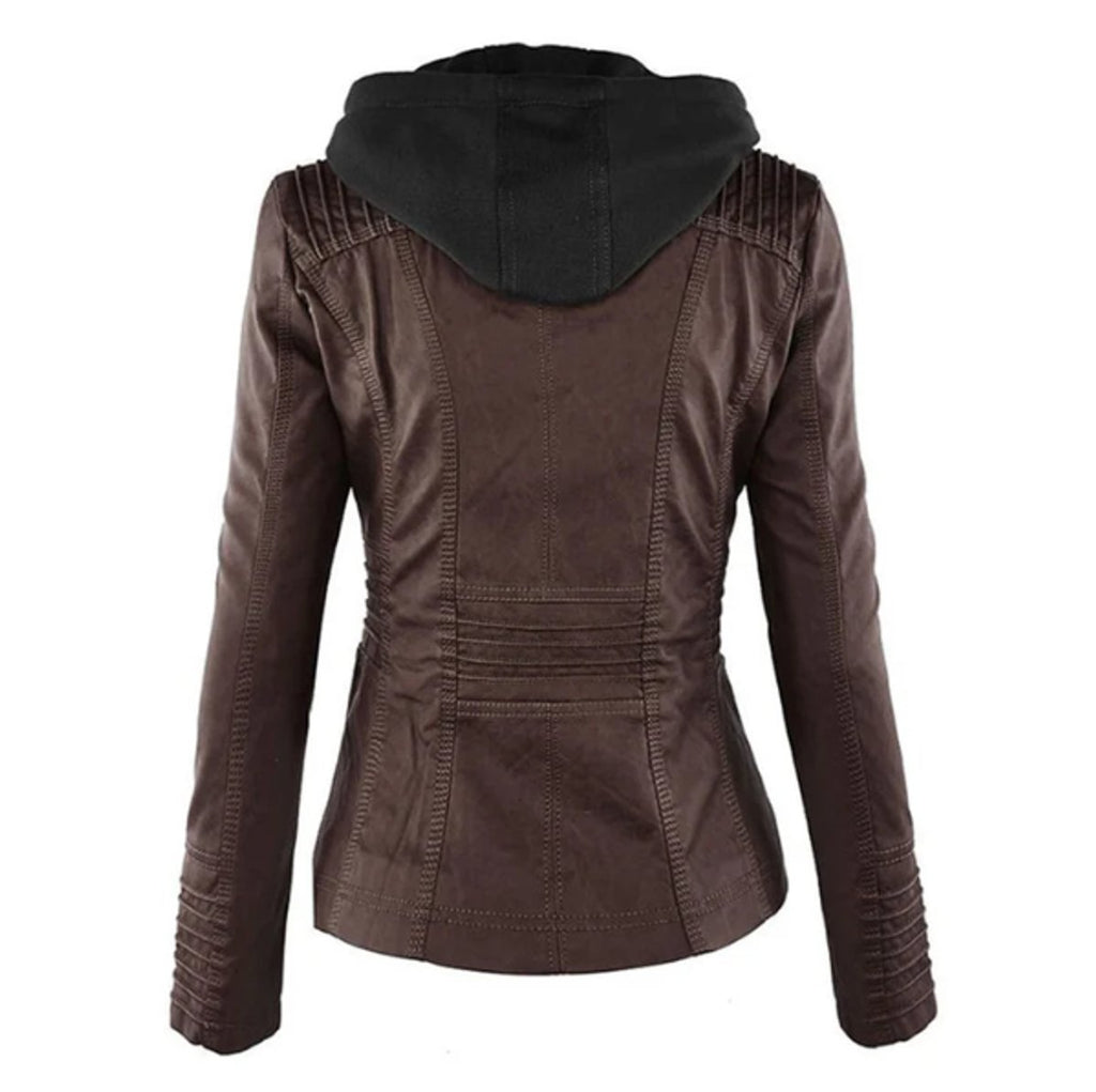 Women's Faux Leather Hooded Moto Jacket Full-Zip