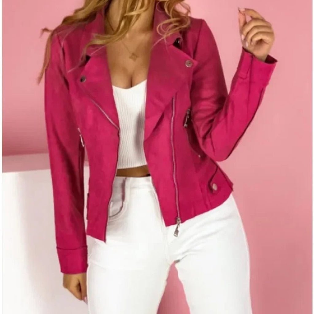 Women's Faux Leather Jacket Convertible Collar Zip-Up Moto