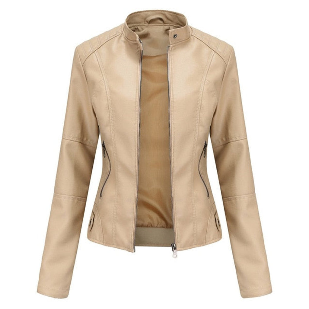 Women's Faux Leather Jacket Stand Collar Zip-Up Moto - Beige