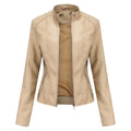 Women's Faux Leather Jacket Stand Collar Zip-Up Moto - Beige