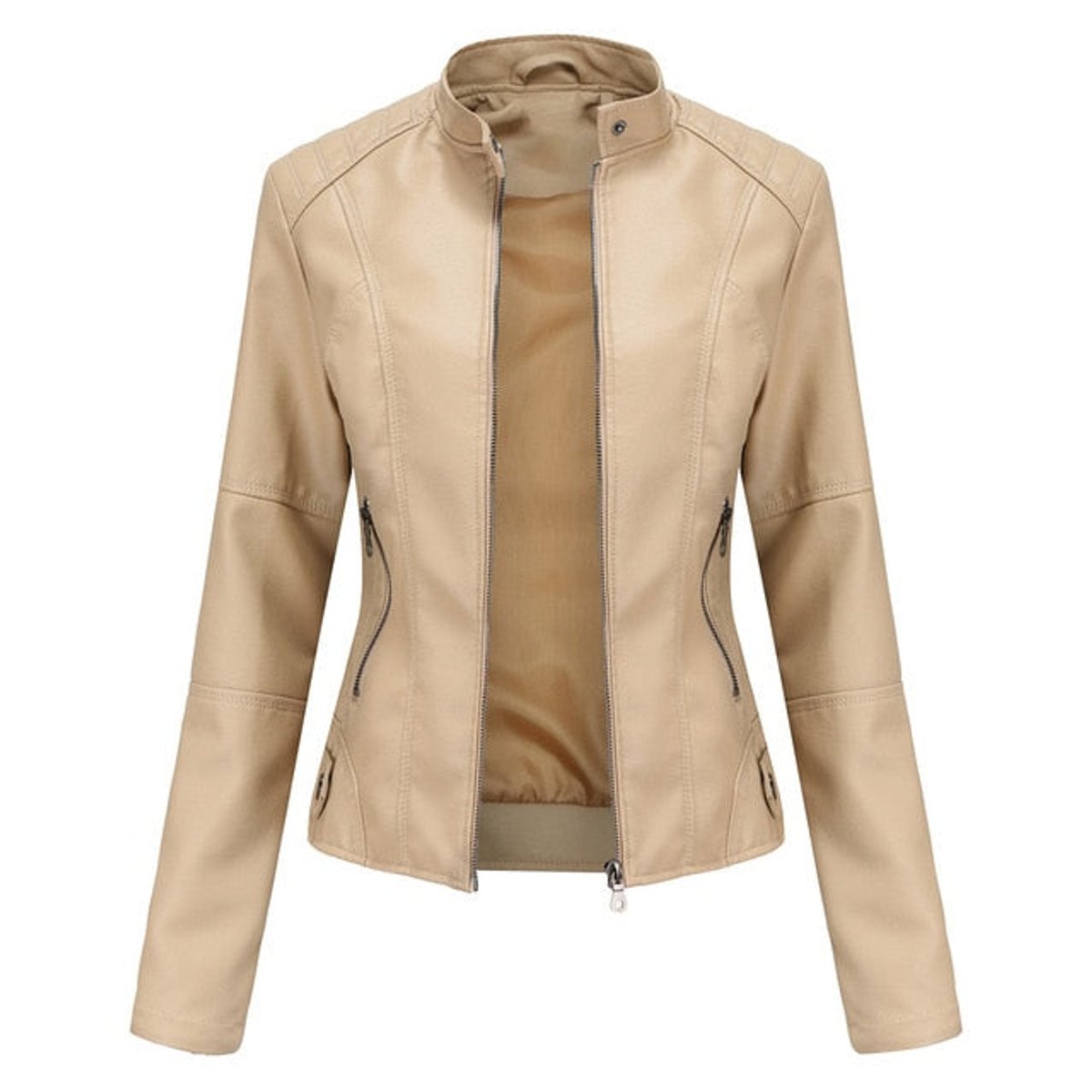 Women's Faux Leather Jacket Stand Collar Zip-Up Moto - Beige