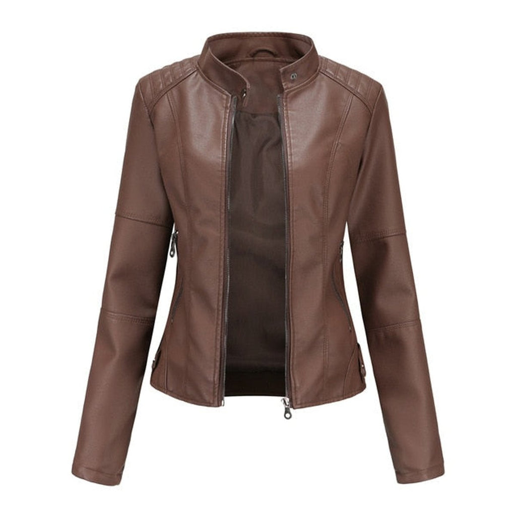 Women's Faux Leather Jacket Stand Collar Zip-Up Moto - Brown