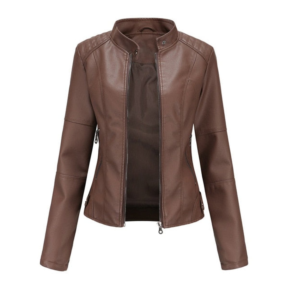 Women's Faux Leather Jacket Stand Collar Zip-Up Moto - Brown