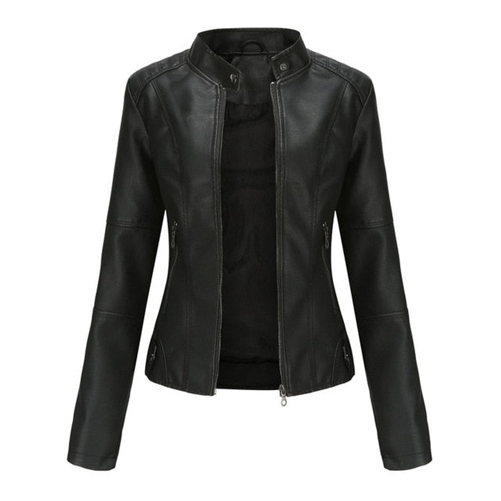 Women's Faux Leather Jacket Stand Collar Zip-Up Moto - Black