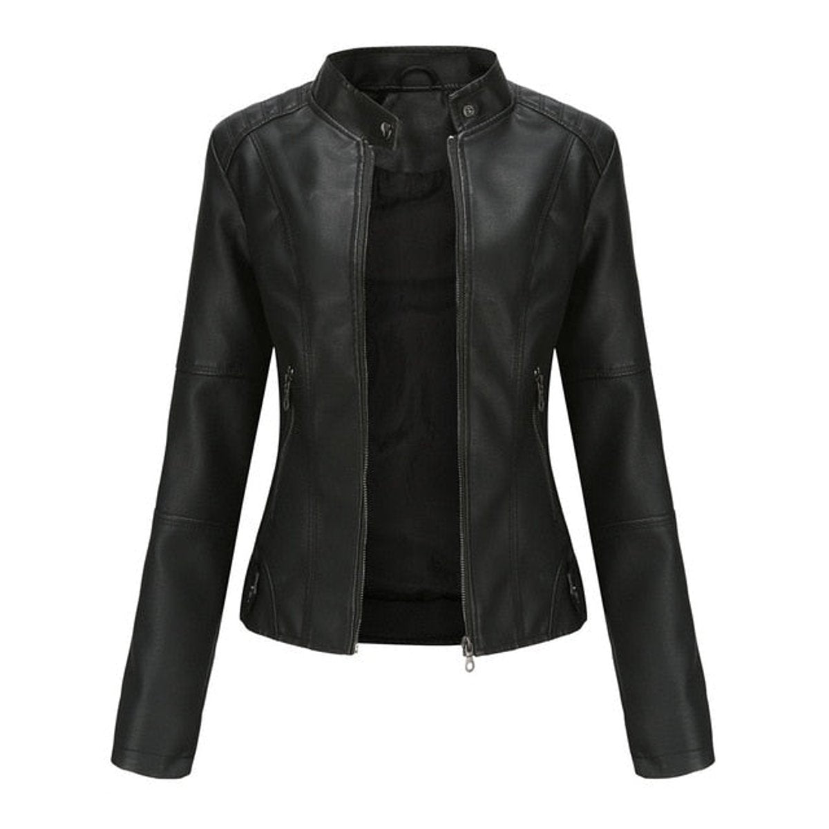 Women's Faux Leather Jacket Stand Collar Zip-Up Moto - Black