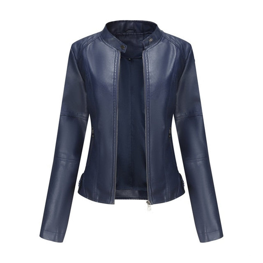 Women's Faux Leather Jacket Stand Collar Zip-Up Moto - Blue