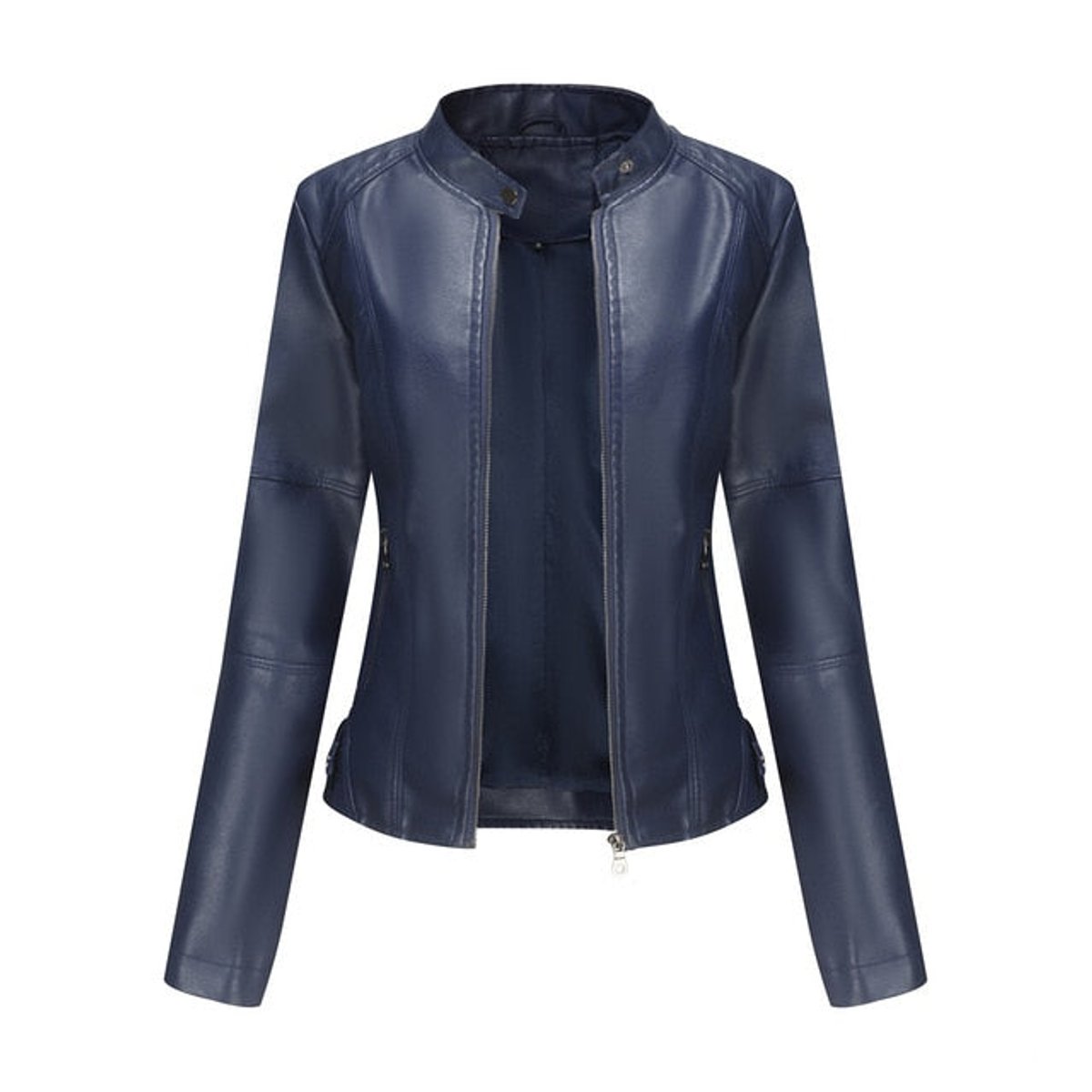 Women's Faux Leather Jacket Stand Collar Zip-Up Moto - Blue