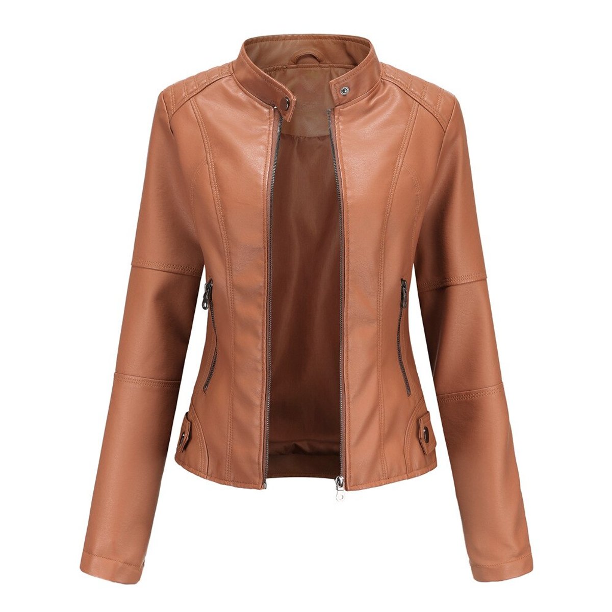 Women's Faux Leather Jacket Stand Collar Zip-Up Moto - Red-Brown