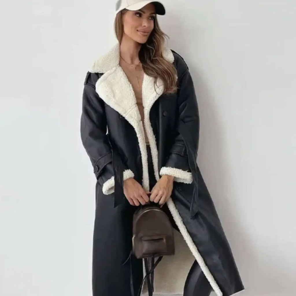 Women's Faux Leather Sherpa-Lined Long Coat Teddy Collar - Black