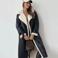 Women's Faux Leather Sherpa-Lined Long Coat Teddy Collar - Black