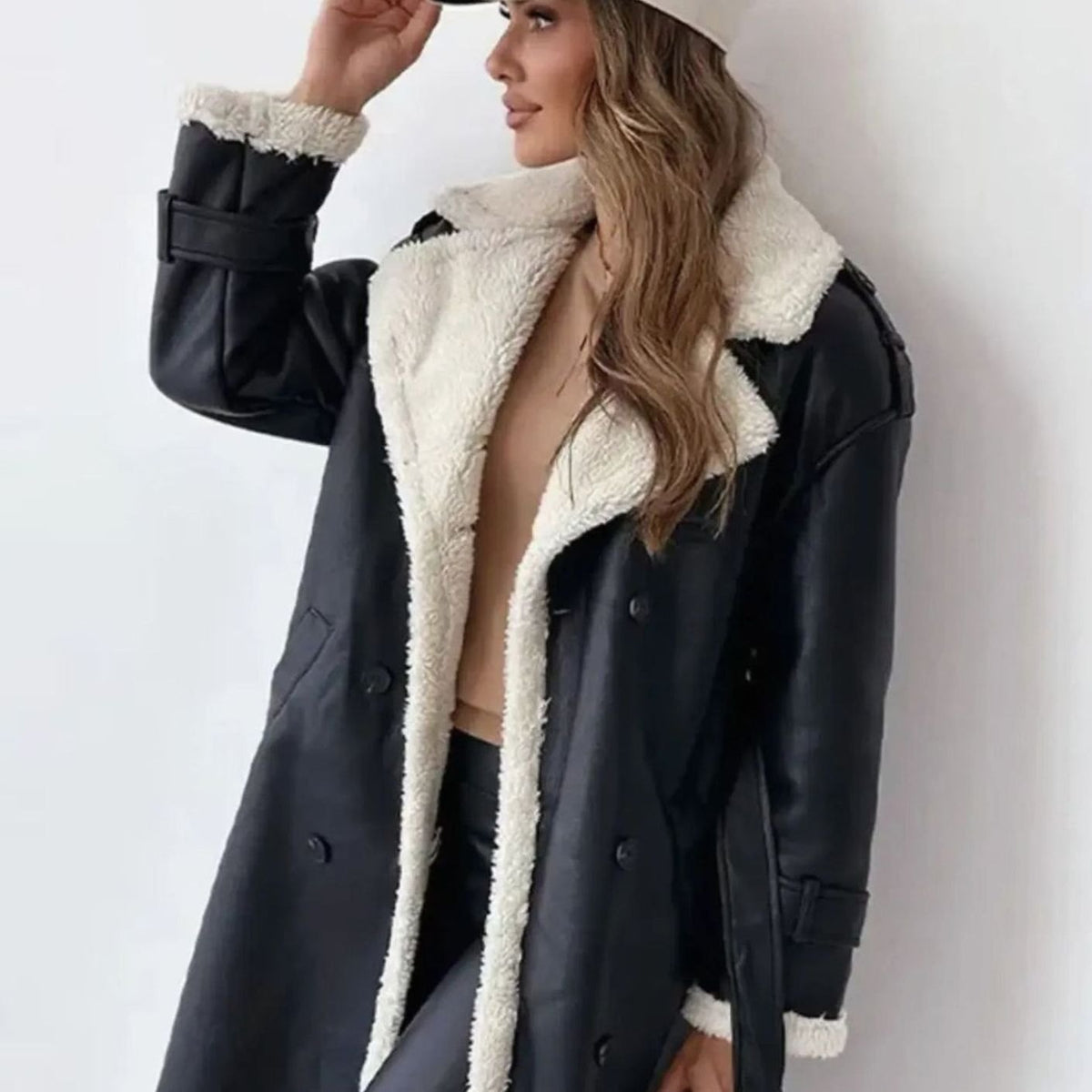 Women's Faux Leather Sherpa-Lined Long Coat Teddy Collar