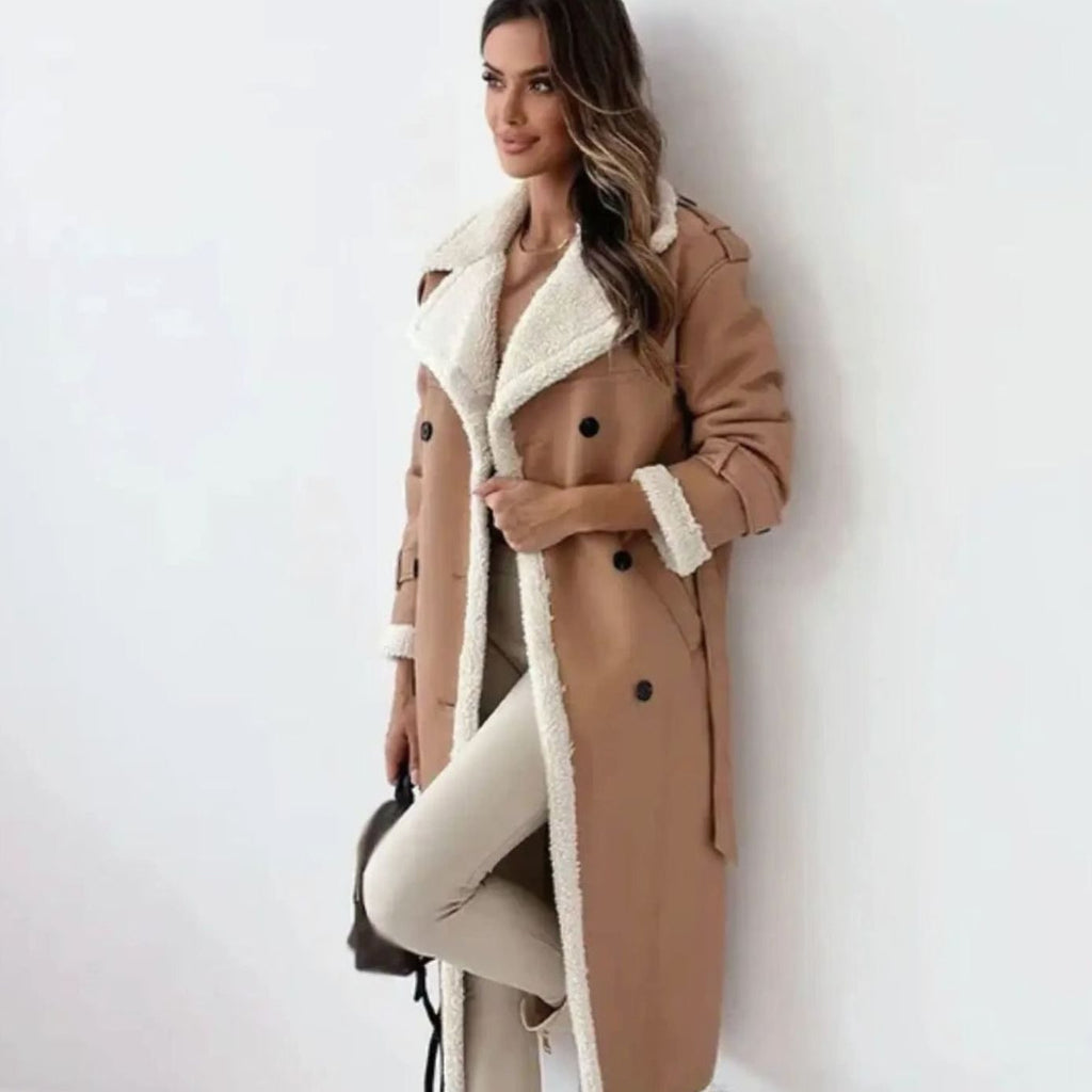 Women's Faux Leather Sherpa-Lined Long Coat Teddy Collar - Khaki