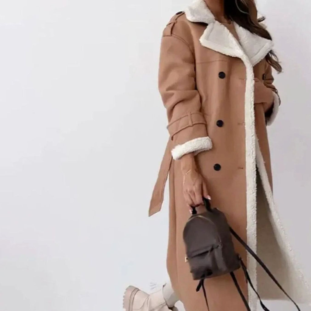 Women's Faux Leather Sherpa-Lined Long Coat Teddy Collar