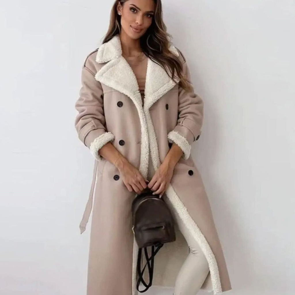 Women's Faux Leather Sherpa-Lined Long Coat Teddy Collar - Apricot