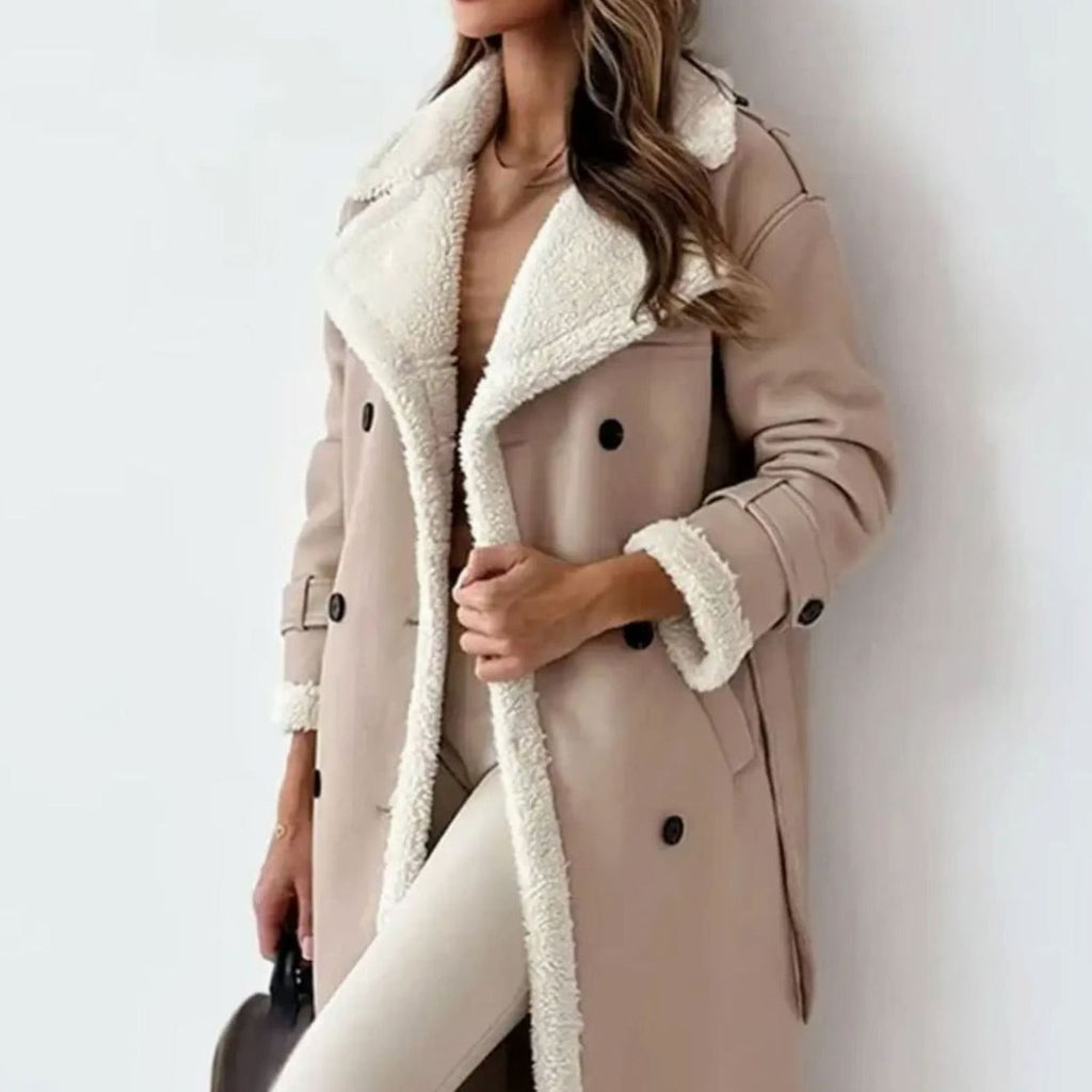 Women's Faux Leather Sherpa-Lined Long Coat Teddy Collar