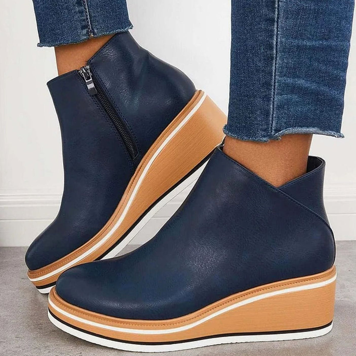 Women's Faux Leather Side-Zipper Wedge Ankle Booties