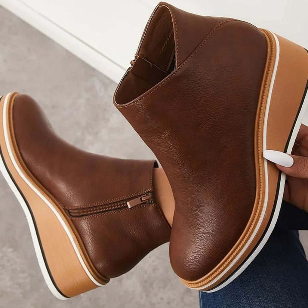 Women's Faux Leather Side-Zipper Wedge Ankle Booties - Dark Brown