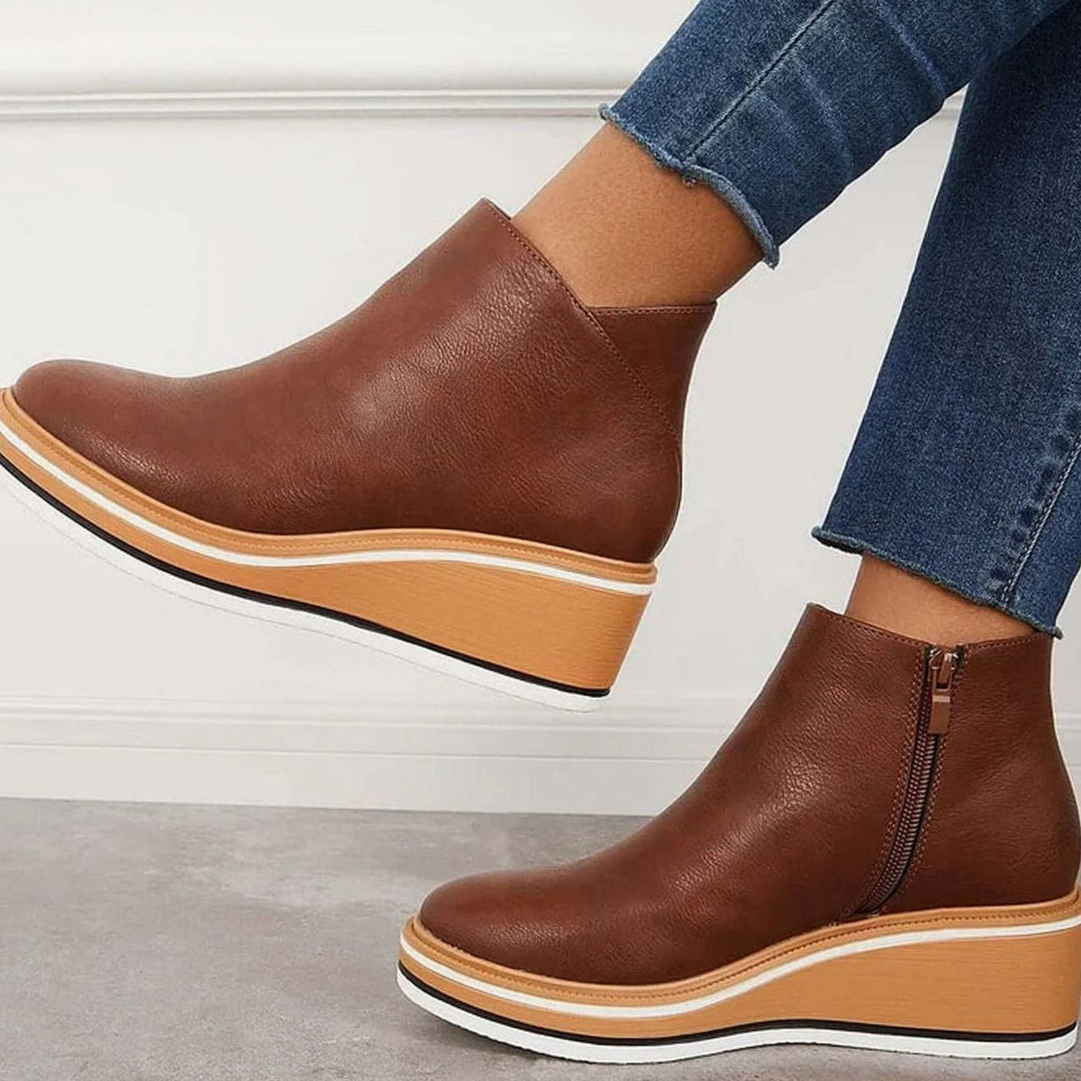 Women's Faux Leather Side-Zipper Wedge Ankle Booties