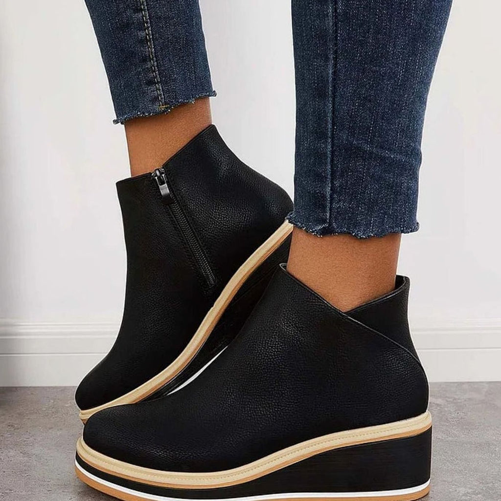 Women's Faux Leather Side-Zipper Wedge Ankle Booties