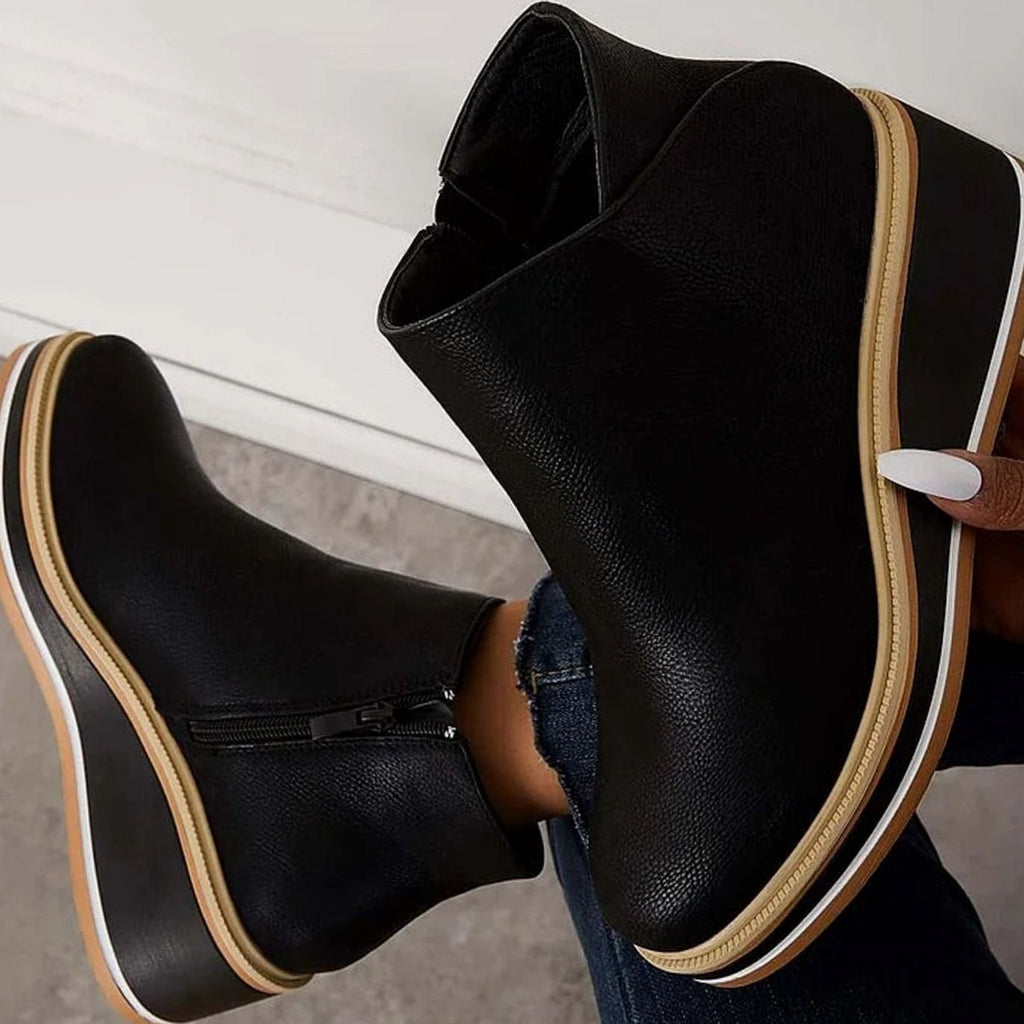 Women's Faux Leather Side-Zipper Wedge Ankle Booties - Black