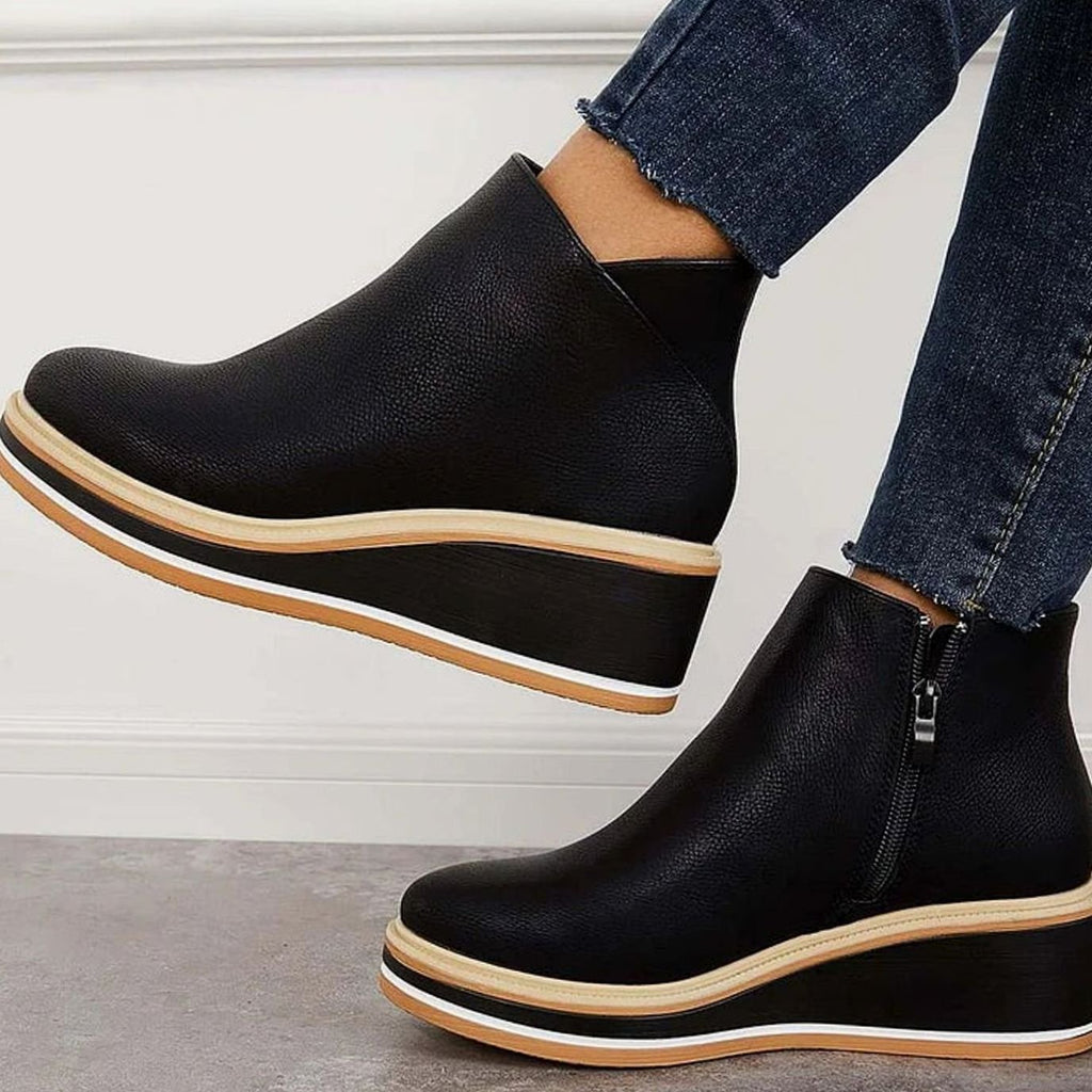 Women's Faux Leather Side-Zipper Wedge Ankle Booties
