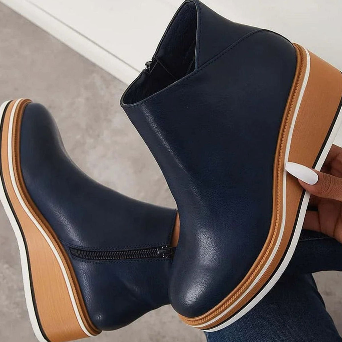 Women's Faux Leather Side-Zipper Wedge Ankle Booties - Blue