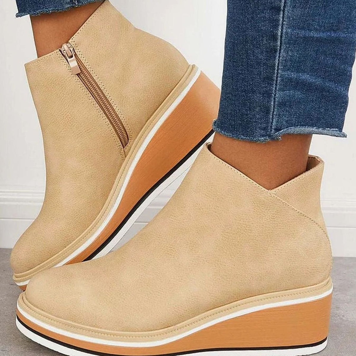 Women's Faux Leather Side-Zipper Wedge Ankle Booties