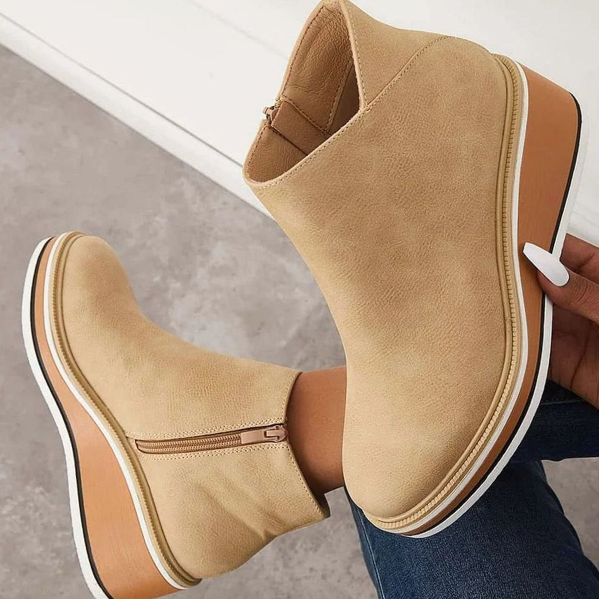 Women's Faux Leather Side-Zipper Wedge Ankle Booties - Beige