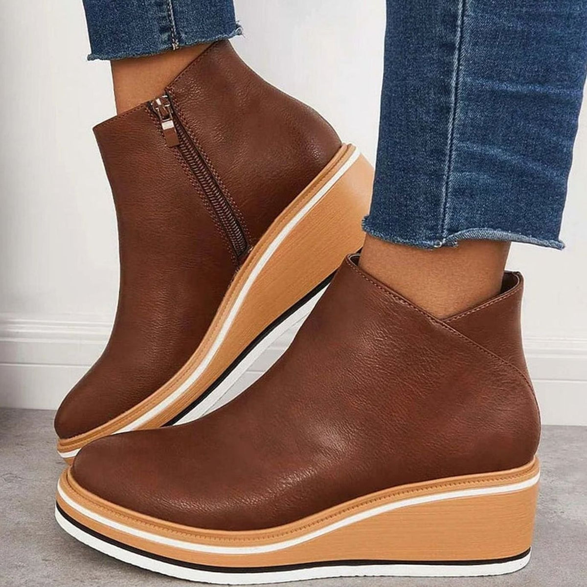 Women's Faux Leather Side-Zipper Wedge Ankle Booties