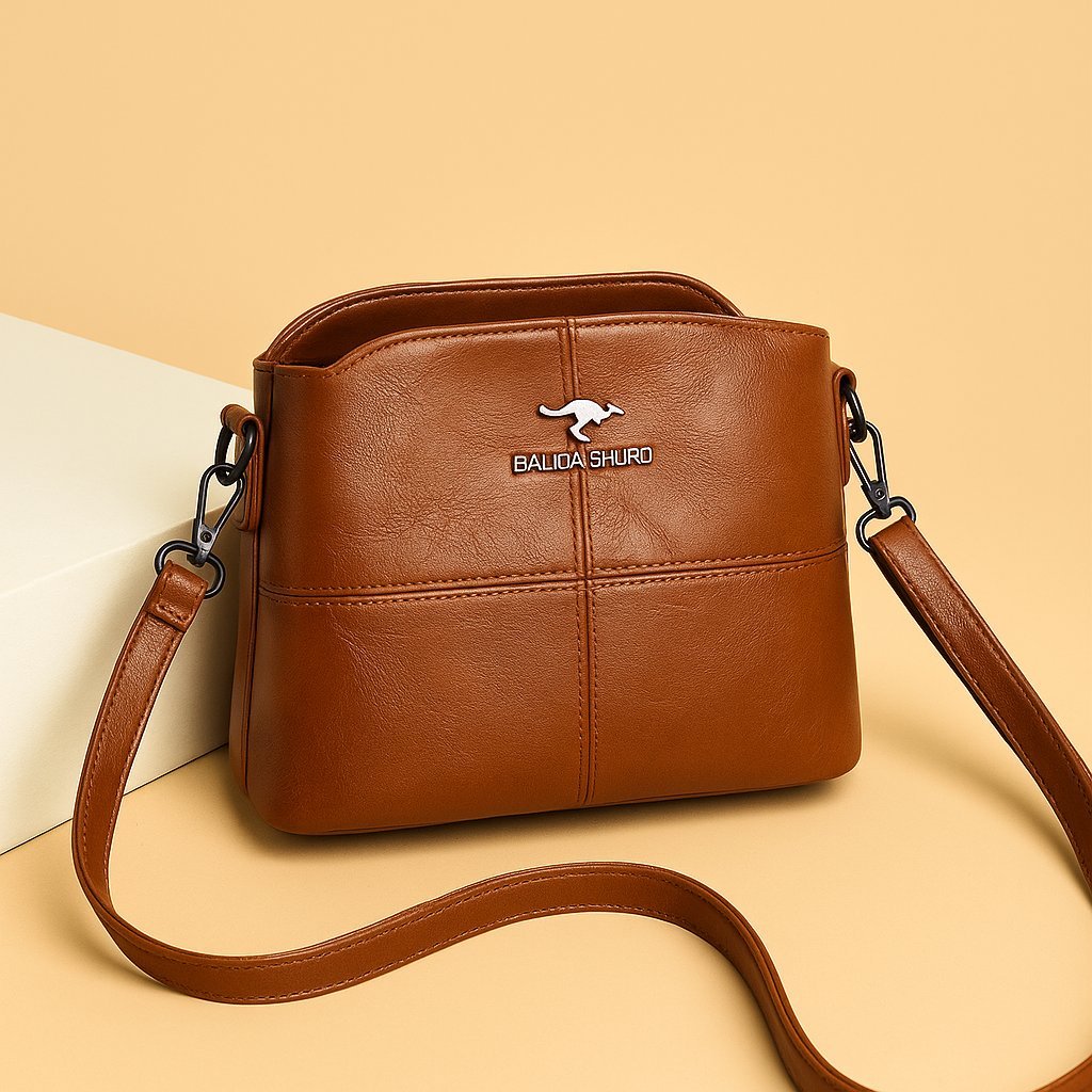 Women's Faux Leather Zip-Top Panelled Crossbody Shoulder Bag - Brown