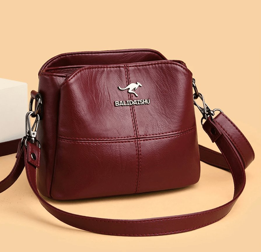 Women's Faux Leather Zip-Top Panelled Crossbody Shoulder Bag - Red
