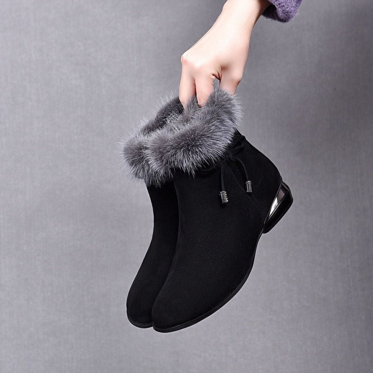 Women's Faux Suede Fur-Trim Ankle Knee High Boots Flat