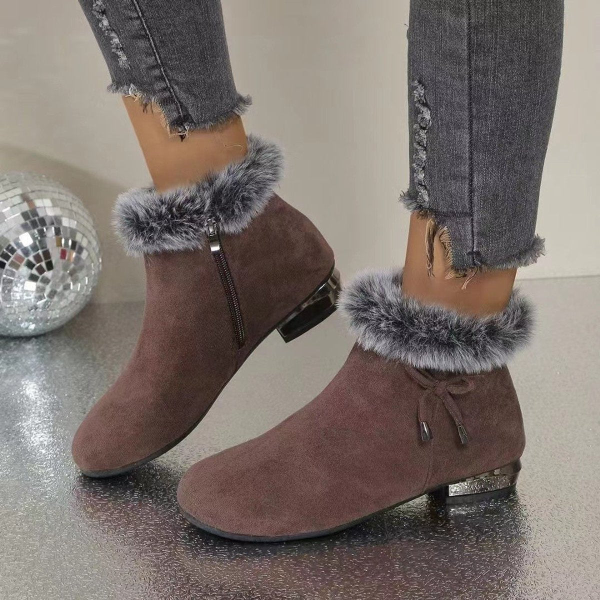 Women's Faux Suede Fur-Trim Ankle Knee High Boots Flat - Brown