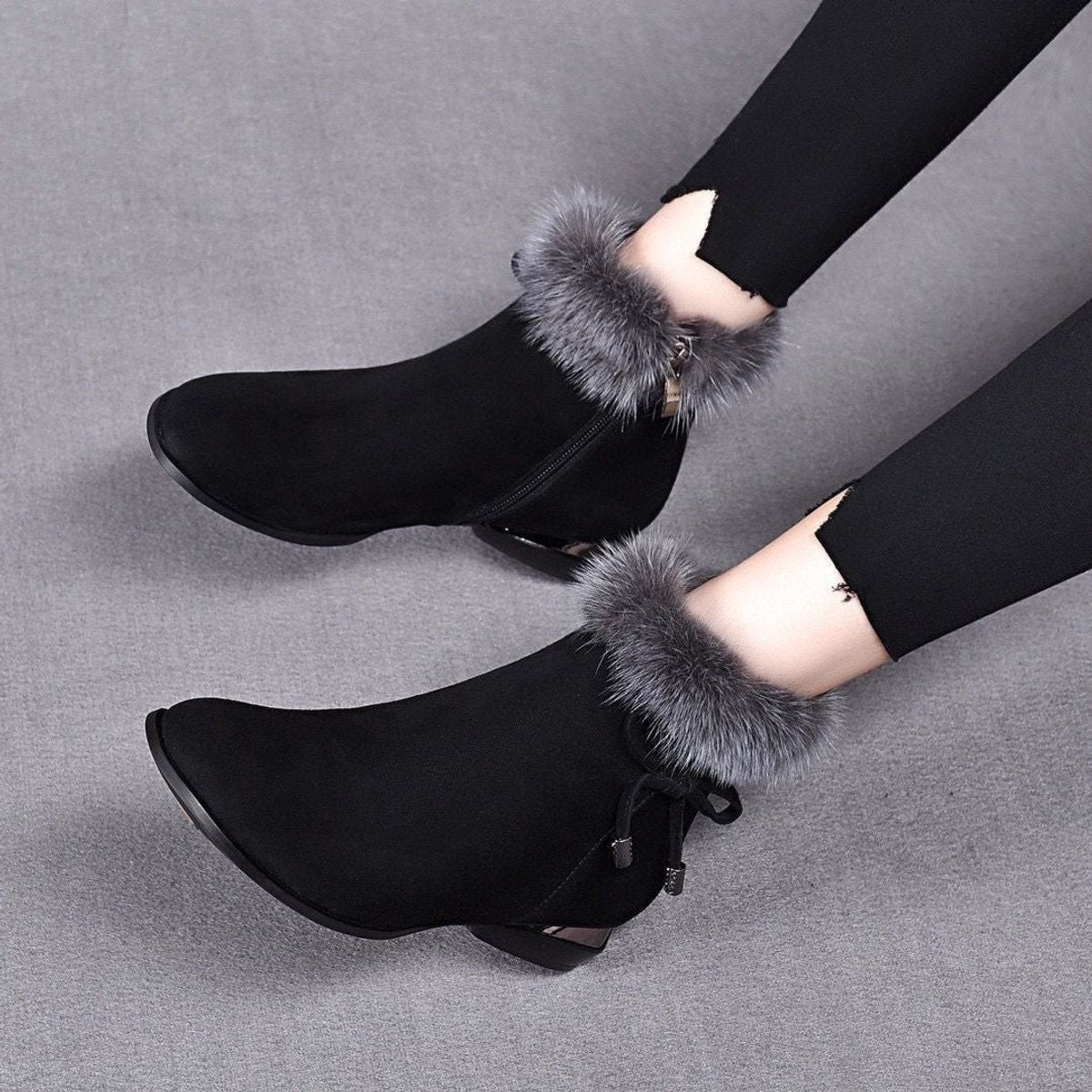 Women's Faux Suede Fur-Trim Ankle Knee High Boots Flat - Black