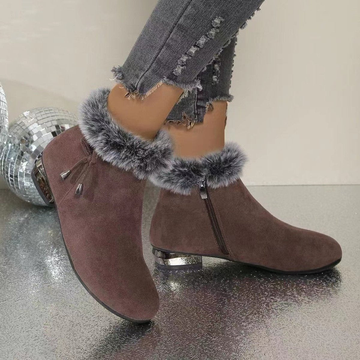 Women's Faux Suede Fur-Trim Ankle Knee High Boots Flat