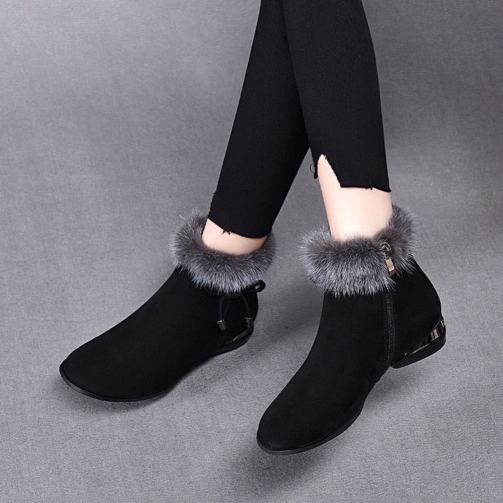 Women's Faux Suede Fur-Trim Ankle Knee High Boots Flat