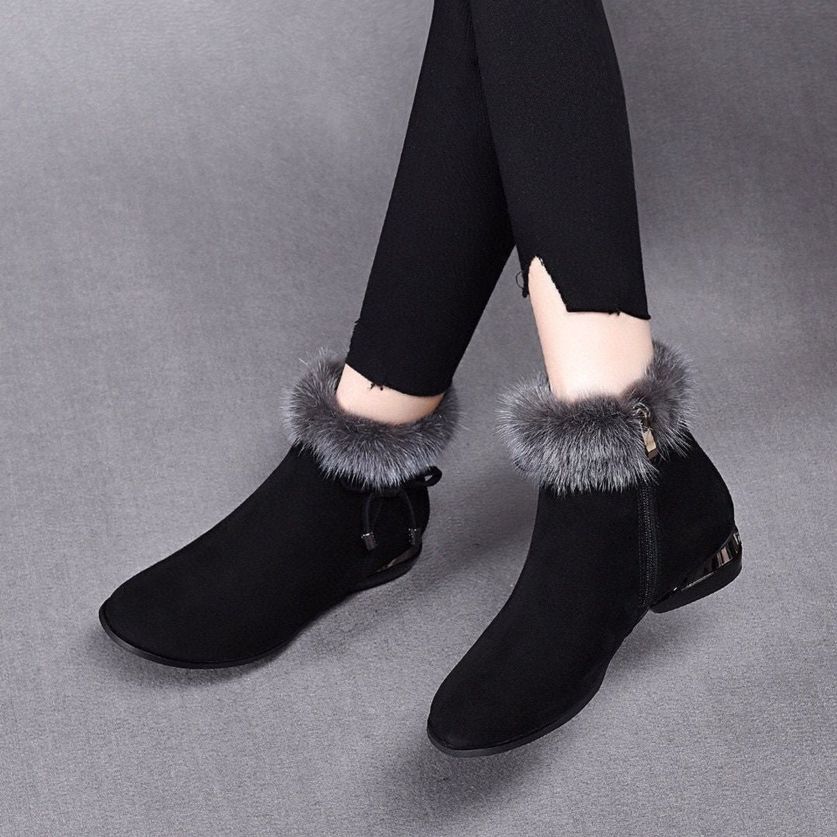 Women's Faux Suede Fur-Trim Ankle Knee High Boots Flat
