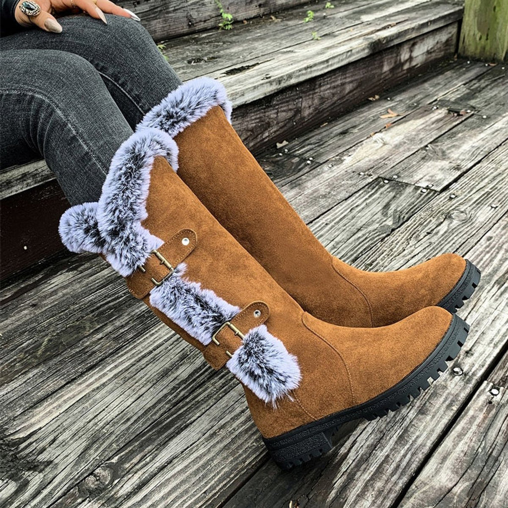 Women's Faux Suede Fur-Trimmed Buckle Knee High Boots