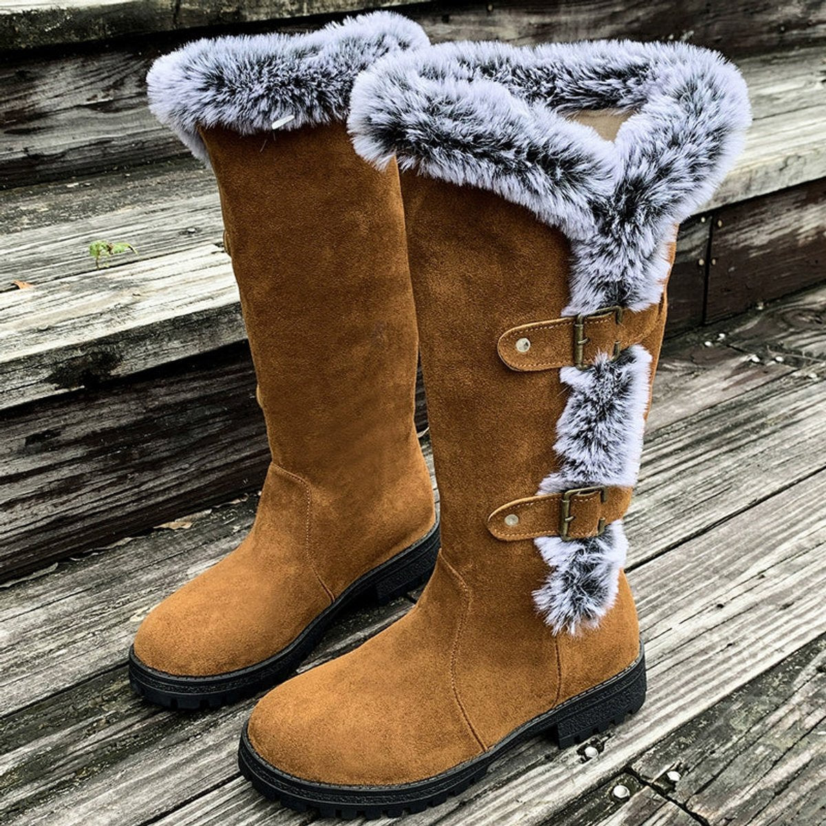 Women's Faux Suede Fur-Trimmed Buckle Knee High Boots