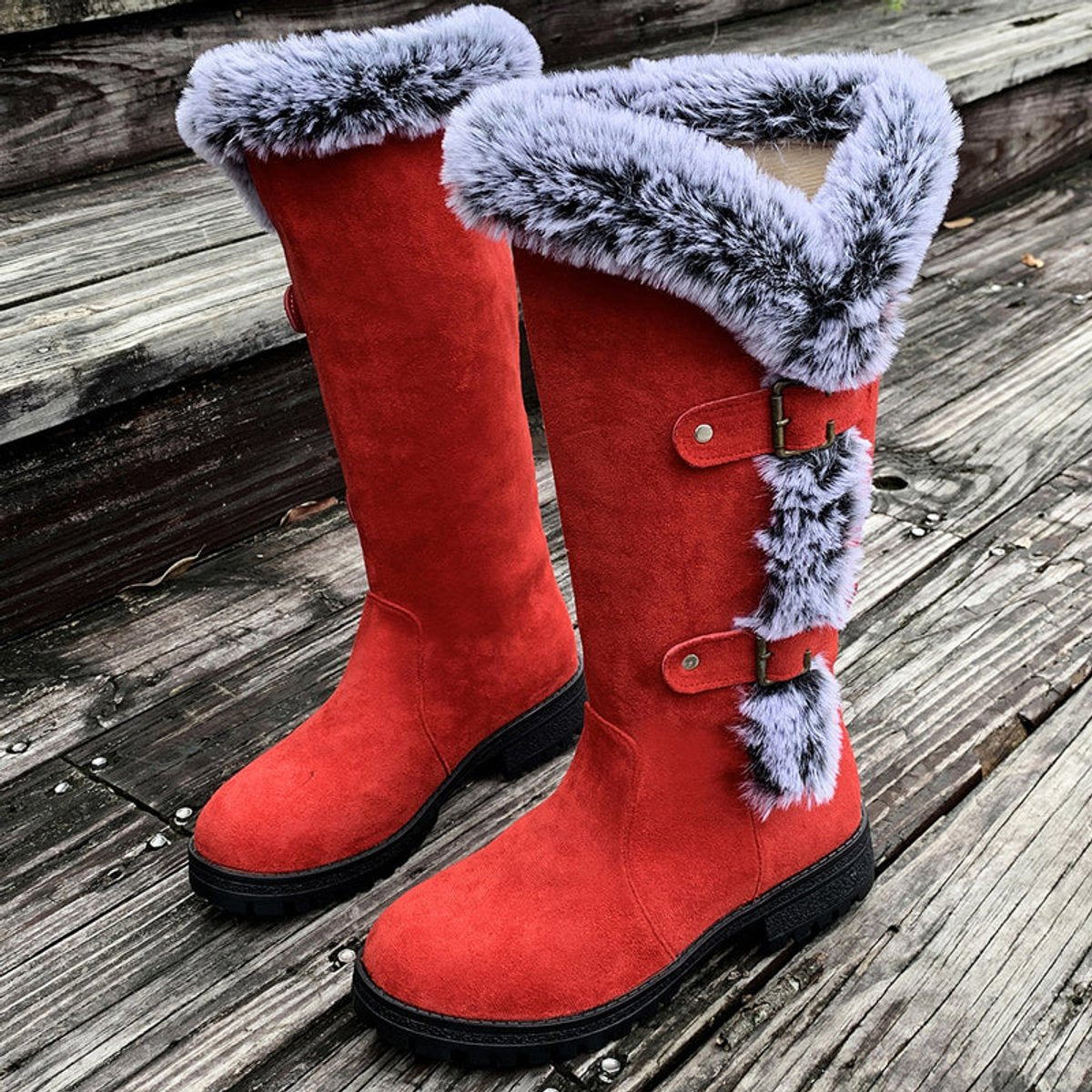 Women's Faux Suede Fur-Trimmed Buckle Knee High Boots - Red