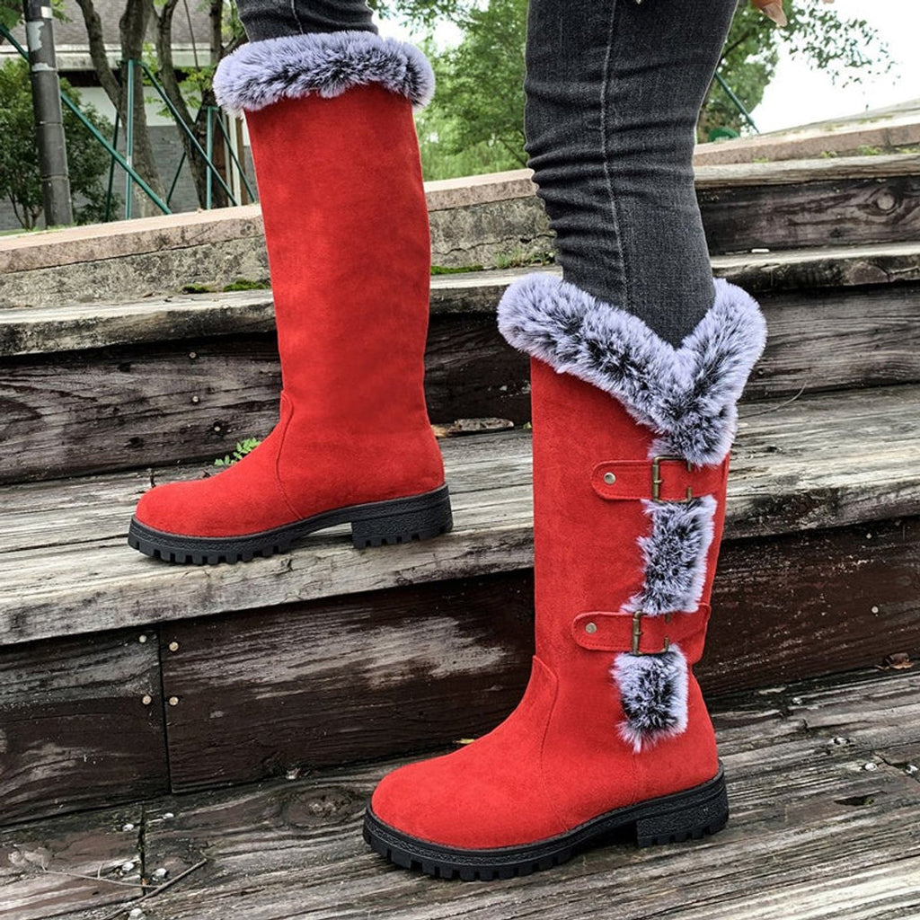 Women's Faux Suede Fur-Trimmed Buckle Knee High Boots