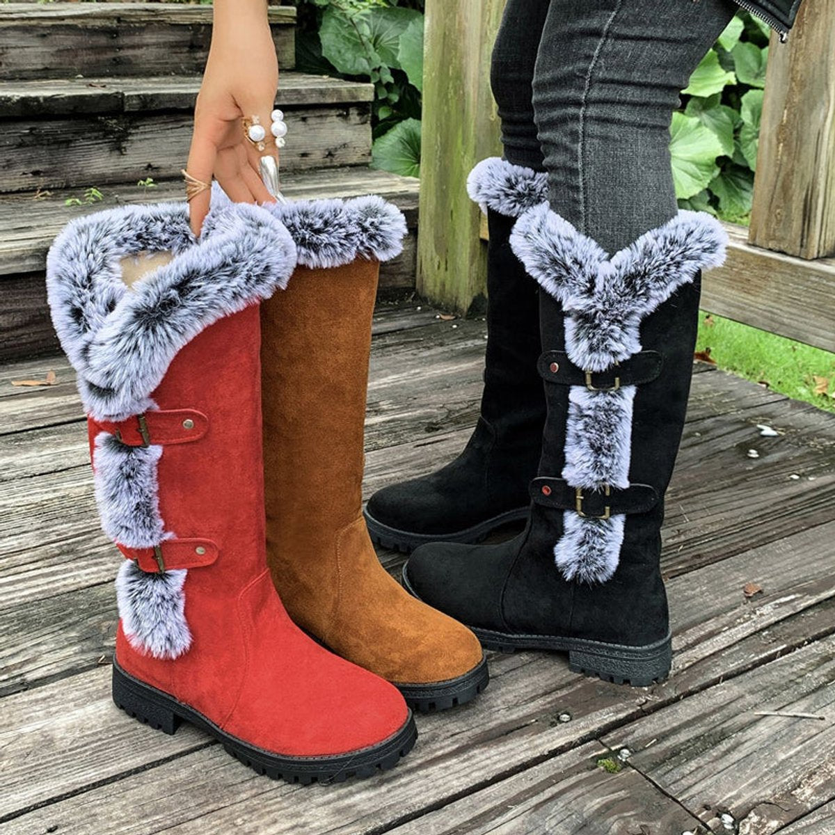 Women's Faux Suede Fur-Trimmed Buckle Knee High Boots