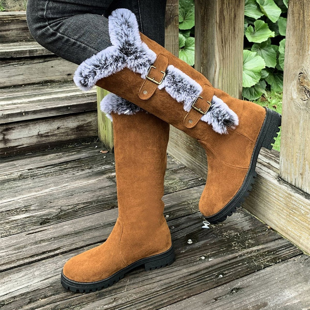 Women's Faux Suede Fur-Trimmed Buckle Knee High Boots - Light Brown