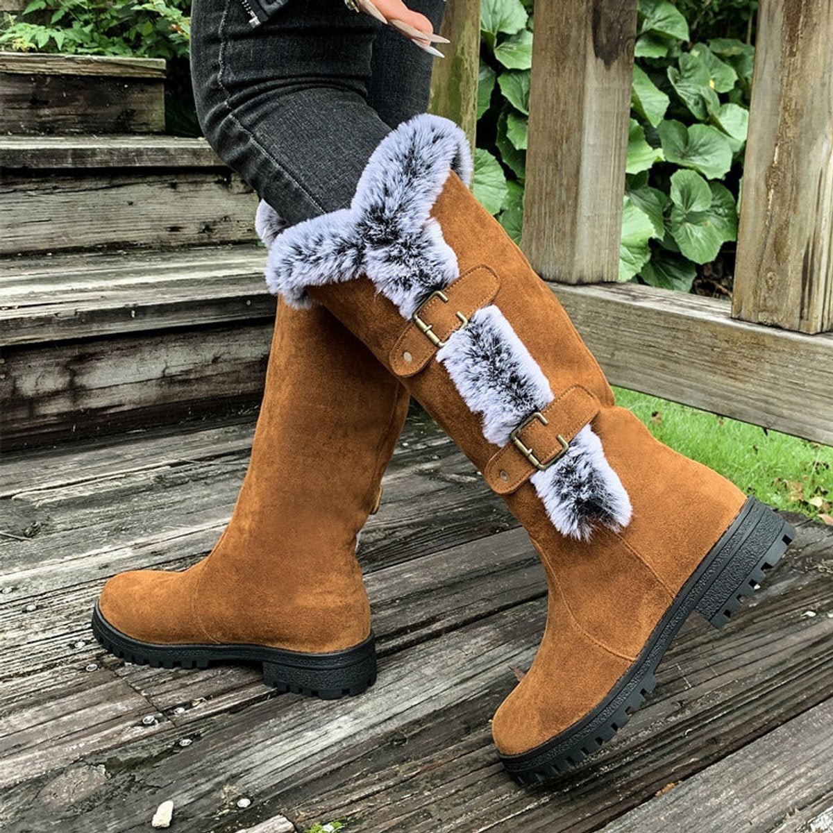 Women's Faux Suede Fur-Trimmed Buckle Knee High Boots