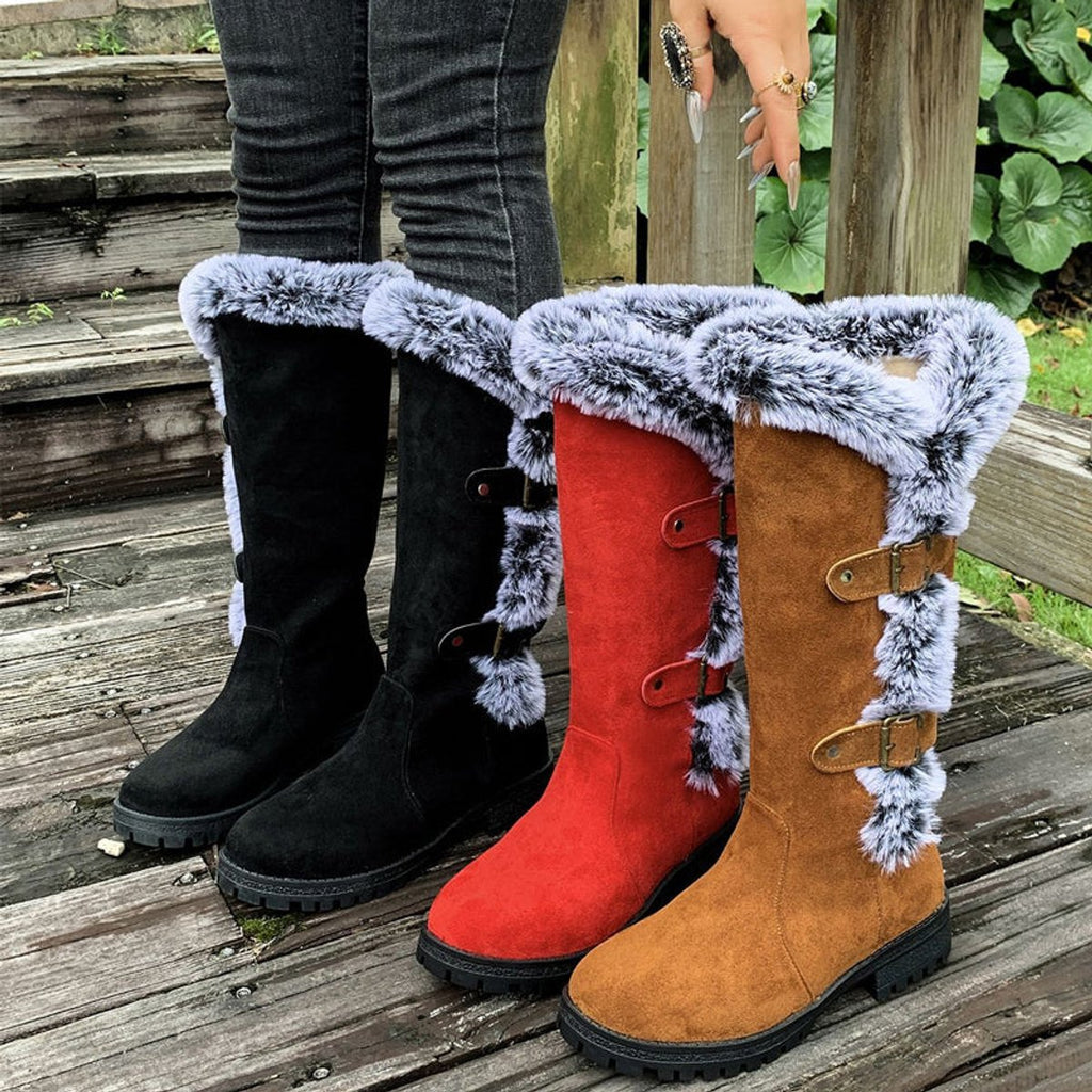 Women's Faux Suede Fur-Trimmed Buckle Knee High Boots